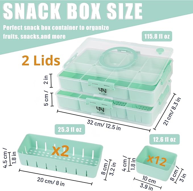 Stackable Snackle Box Container with 2 Lids, 14 Compartments - BPA-Free Snackle box Organizer, Dishwasher & Microwave Safe Reusable Snacklebox for Veggies, Fruits, Charcuterie, Snacks (Green, 2 Pack)