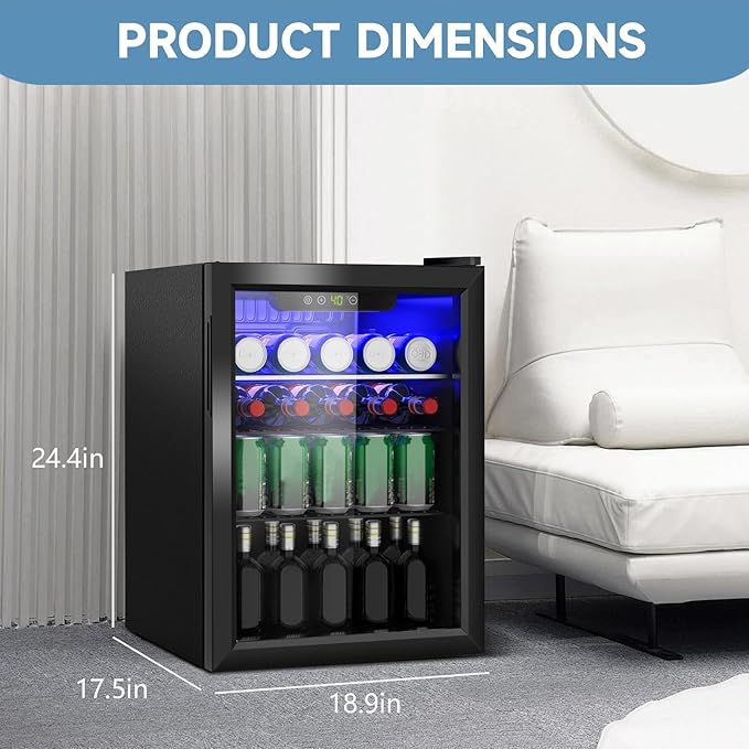 Stopasd Beverage Refrigerator Cooler, 2.6 Cu.Ft/95 Can Drink Fridge with Adjustable Shelves & Glass Door for Soda Wine Beer, Quiet Undercounter Small Fridge for Home/Office/Bar/Garage(40-61 ℉), Black