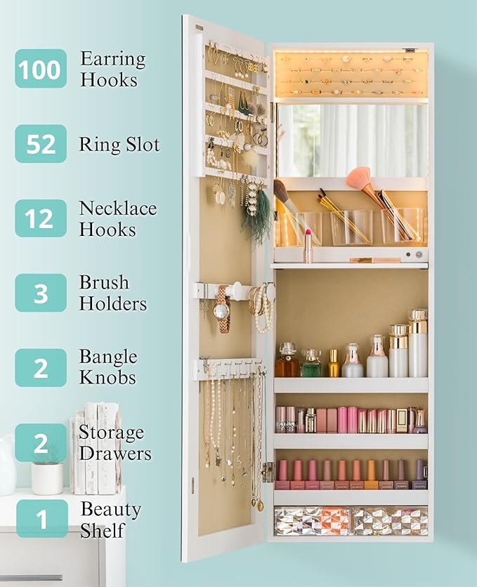 LUXFURNI Mirror Jewelry Cabinet Wall Mounted with lights, 42" Tall Over The Door Hanging Jewelry Armoire, 3 Color Modes Jewelry Mirror Storage, Vanity Table with Interior Mirror, White