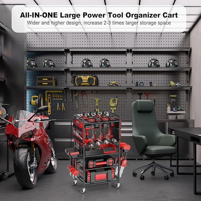 JUNNUJ Garage Large Power Tool Organizer Cart with 20A Charing Station, Heavy Duty Drill and Tools Battery Holder Storage Rack, Floor Standing Rolling Tool Cart on Wheels, Black