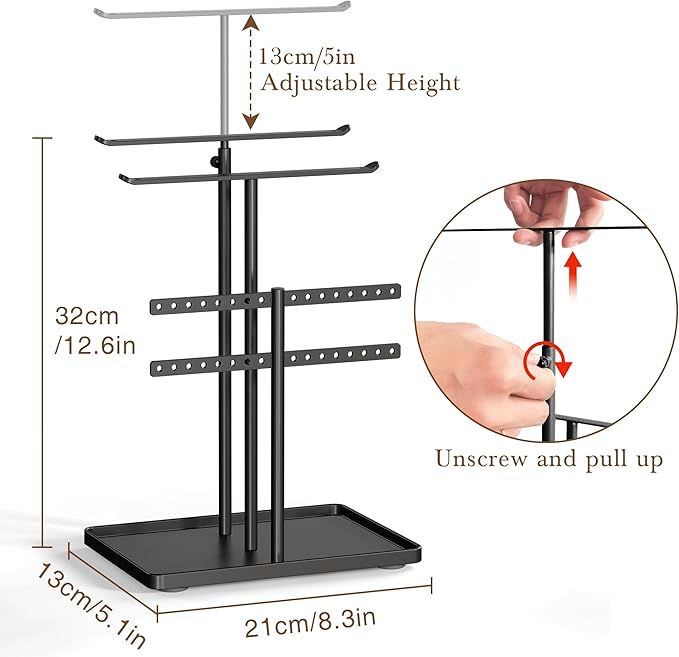 Jewelry Holder Organizer Stand - Adjustable Jewelry Tree 17.5" Height (Max), Jewlery Hanger for Necklaces, Bracelets, Earrings, Aesthetic for Storage and Display, Metal, Black