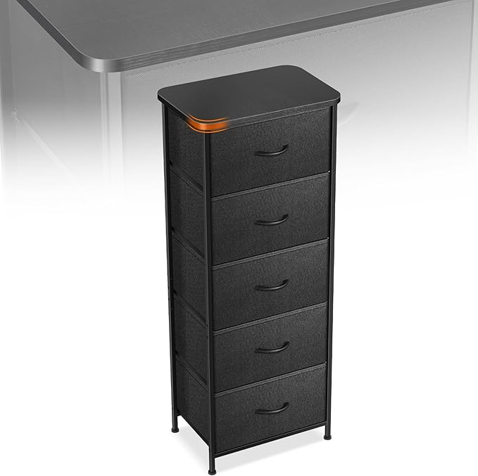 Curved Profile Dresser for Bedroom，5 Fabric Drawer Dresser with Waterproof Wood Top Chest of Drawers for Hallway, Living Room, Kid Room (Charcoal Black)