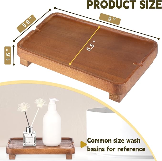 Wood Riser Small Decorative Tray Sink Soap Dish, Vanity Tray Pedestal Stand 9 x 5.9 inches (Light Brown)