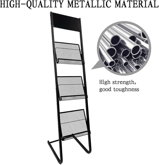 TONGMO Floor-standing 3-Layer Magazine Rack, Brochure Display Stand, made of high-hardness metal, suitable for Exhibitions, Offices, and any organization requiring information display. (3F-Black)