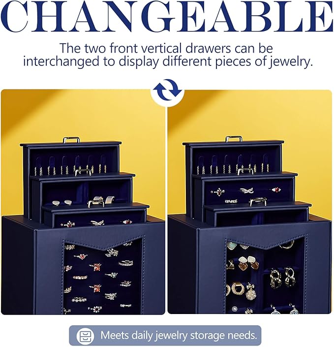 Homde Jewelry Organizer with Transparent Window Necklace Hooks Gift for Women Jewelry Box Display Case for Necklaces Rings Earrings Bracelets and Other Accessories (Dark Blue)