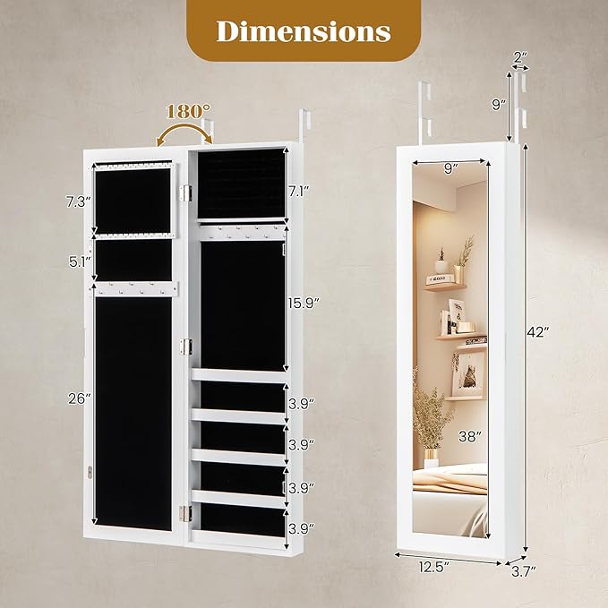 Giantex Jewelry Armoire with Full Length Mirror, Wall and Door Mounted Jewelry Cabinet Organizer with Magnetic Door, Large Storage for Earrings, Rings, Necklaces & Accessories, White