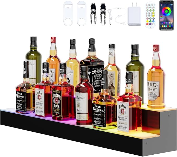 Dethan 2 Tier 40 Inch Liquor Bottle Display Shelf - Wine Racks with Multi-Color App & Remote Control, Adjustable Brightness & Sound Modes, Acrylic Bar Shelves for Commercial Clubs