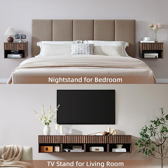 Floating Nightstand with Fluted Drawer - Modern Wall Mounted Bedside Table with Open Storage Shelf, Small Night Stand for Bedroom(Walnut)