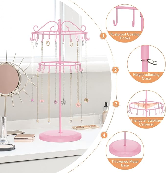iDavosic.ly 2 Tier Rotating Necklace Holder Organizer with 42 Hooks, Adjustable Metal Bracelet Display Stand Rack, Extra Tall Keychain Spinning Tree Tower for Women, Pink