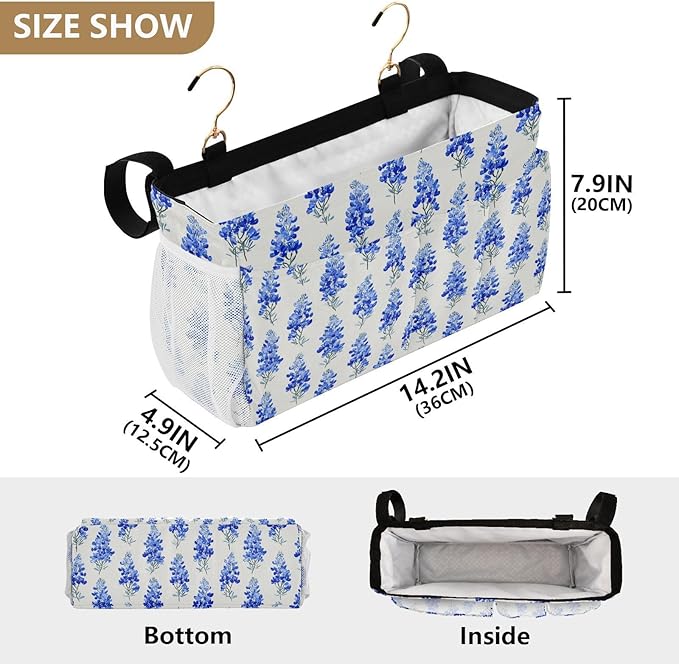 Watercolor Bluebonnets Bedside Caddy for Dorm Bed Bedside Hanging Caddy Bag Iron Frame Storage Organizer Pocket for Bunk Home College Hospital Beds 2 Hooks
