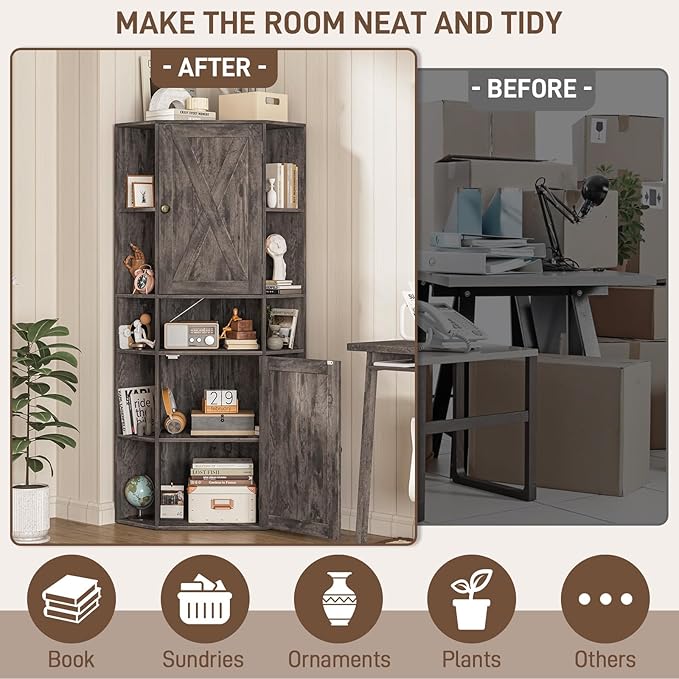 Farmhouse Corner Cabinet with Storage, Tall Corner Storage Cabinet with Adjustable Shelves and Barn Doors Farmhouse Cube Organizer Furniture Bookshelf Cabinets for Bathroom, Living Room (Grey)
