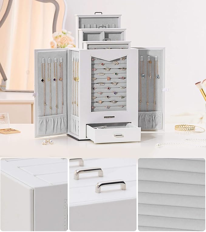 Homde Jewelry Organizer with Transparent Window Necklace Hooks Gift for Women Jewelry Box Display Case for Necklaces Rings Earrings Bracelets and Other Jewelry Accessories (White)