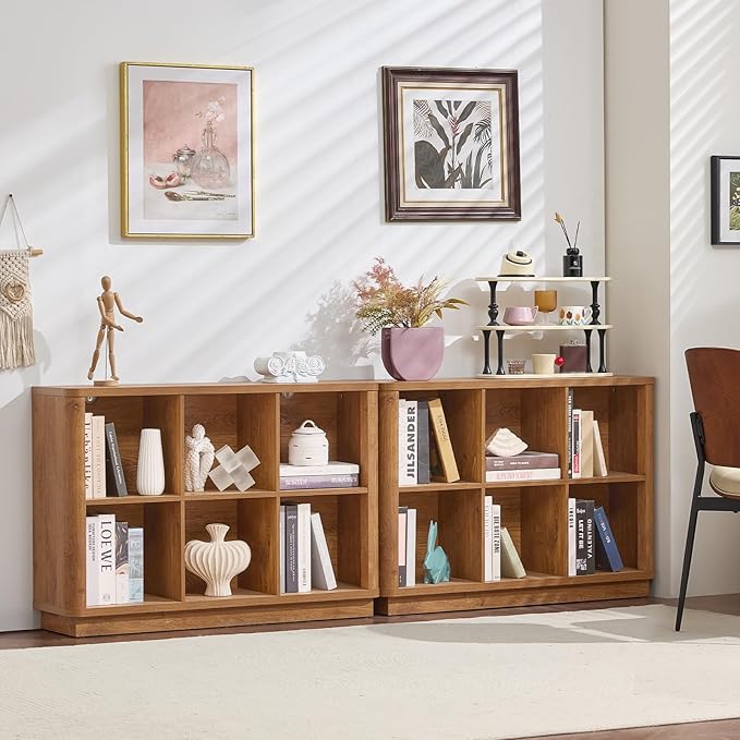 6 Cube Storage Organizer, 40" Wide Low Horizontal Book Shelf with Curved Edge, Floor Standing 2-Tier Wooden Bookshelf with Base, Modern Short Lattice Bookcase for Bedroom, Home Office, Brown