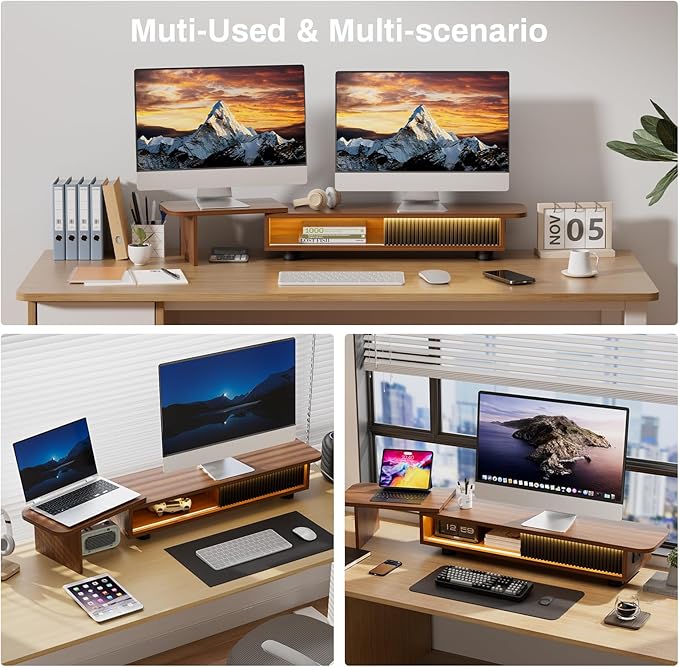 Artswish Monitor Riser Stand with Charging Station & RGB Light, Adjustable Angle Dual Monitor Stand for Desk, Computer Desk Shelf with Sliding Door, Desk Organization for Top of Desk, Walnut cOLOR