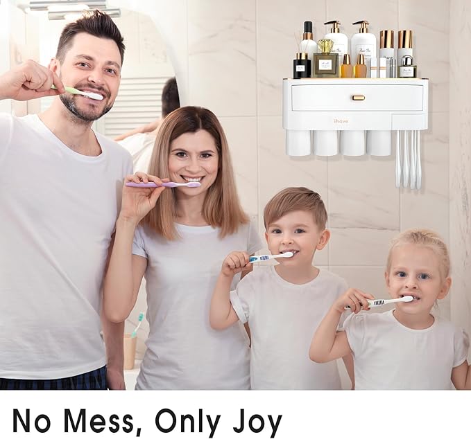 iHave Toothbrush Holders for Bathrooms - Upgrade Wall Mounted Toothbrush Holder with Toothpaste Dispenser - 4 Cups