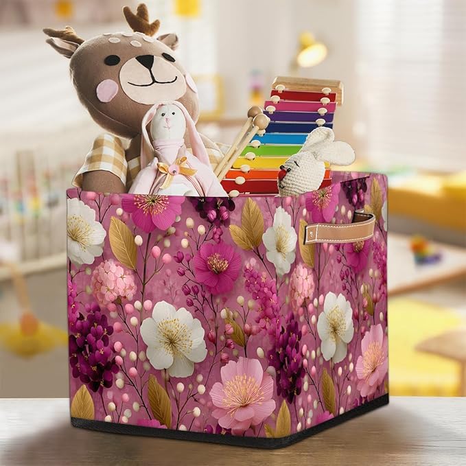 TropicalLife 13x13x13 Inch Large Fabric Storage Cube Pink Floral Print Foldable Storage Bin with Handles Organizer Boxes Cube Basket for Shelves Organizing Closet