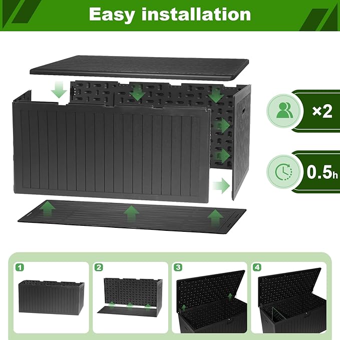260 Gallon Outdoor Storage Box Waterproof, Extra Large Plastic Outside Deck Box Weatherproof, Resin Outdoor Cushion Storage Container with Lock and Lids for Cushion and Pool Equipment, Black