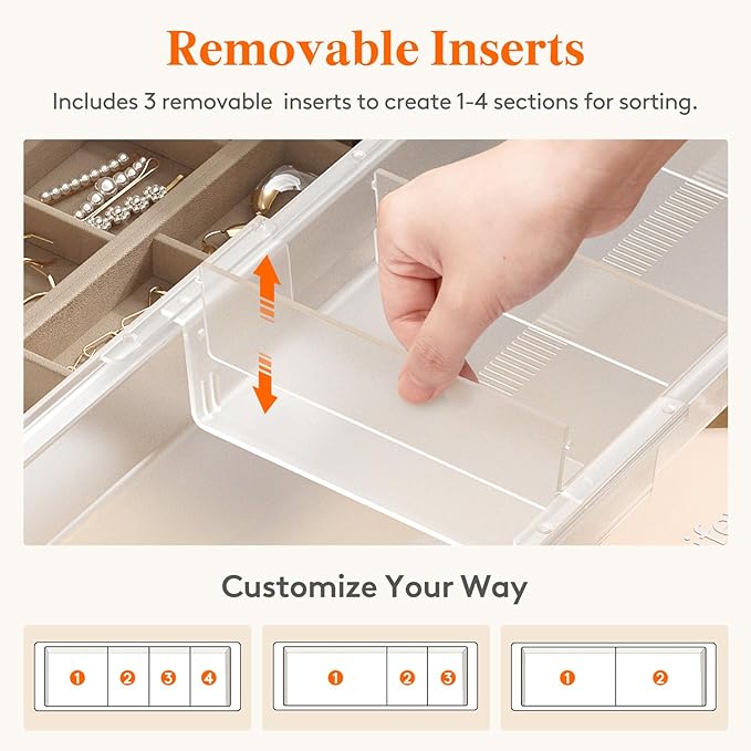 Lifewit Sliding Makeup Drawer Organizer Trays with Inserts, Extendable Hanging Desk Drawer Divider, Fits 13-20" Deep Drawers, 1.8" High Plastic Organizer Tray for Vanity, Office, Kitchen, Translucent