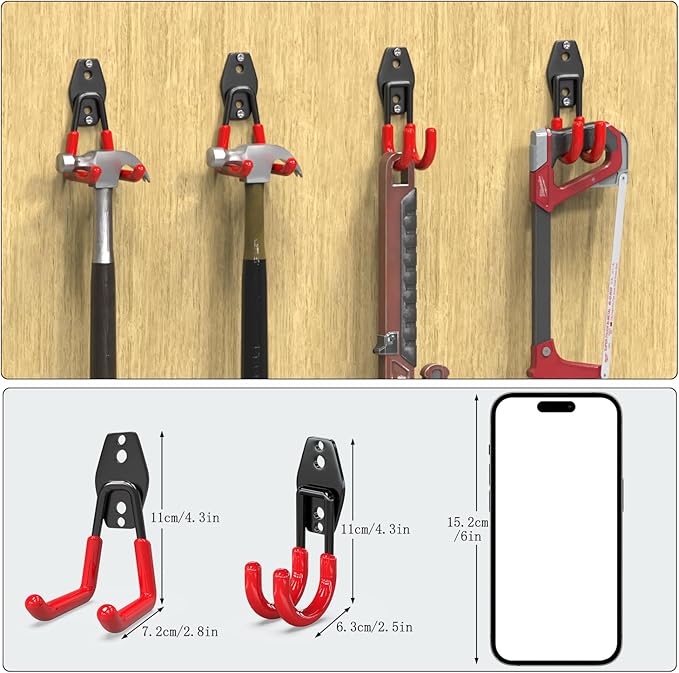 3-H Garage Wall Hooks 10 Pack, Heavy Duty Garage Hooks with Extra Welding Spots, Wall Mount Storage Organizer for Hanging Garden Lawn Tools, Chair, Shovel, Blower, Toolkit (red)