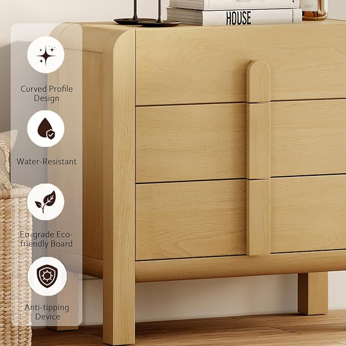 WAMPAT 6 Drawer Dresser for Bedroom, 2 in 1 63" Wide Mid Century Modern Wide Chest of Drawer, Wood Tall Nightstand with Curved Edge Handles, Closet Dresser TV Stand for Bedroom, Oak