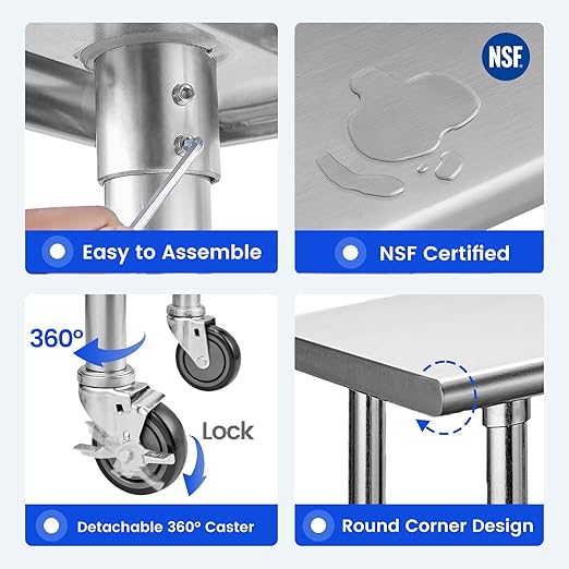 Hally Stainless Steel Table for Prep & Work 30 x 60 Inches with Caster Wheels, NSF Commercial Heavy Duty Table with Undershelf and Galvanized Legs for Restaurant, Home and Hotel