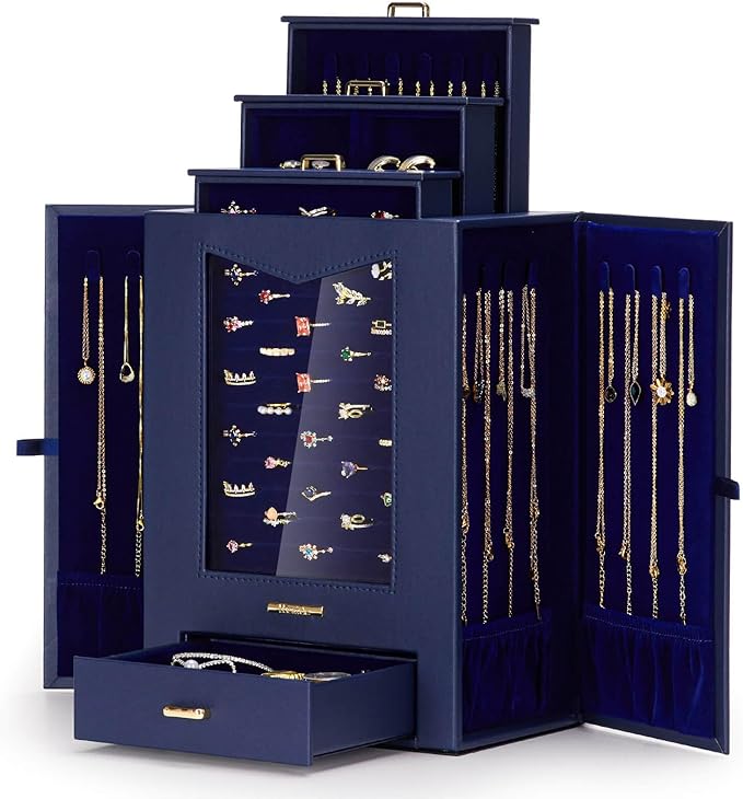 Homde Jewelry Organizer with Transparent Window Necklace Hooks Gift for Women Jewelry Box Display Case for Necklaces Rings Earrings Bracelets and Other Accessories (Dark Blue)