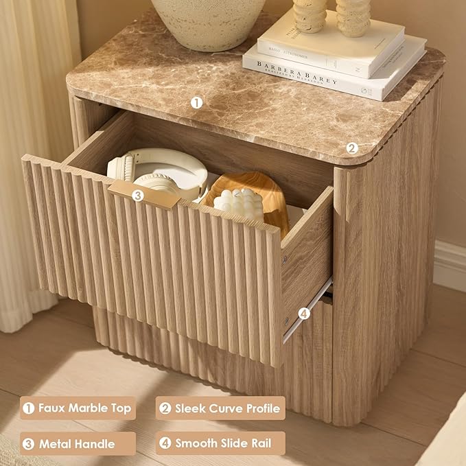 Fluted Nightstand Set of 2, Bedside Table with 2 Drawers, Engineered Wood End Table with Faux Marble-Top, Curved Corners, Metal Handle, Modern Night Stand for Bedroom, Small Spaces, Natural Oak
