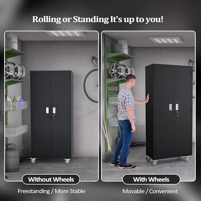 VINGLI 72'' Tall Garage Storage Cabinet, Metal Storage Cabinet with Pegboards, Wheels, Locking Doors and Adjustable Shelves (Black, 32''W x 16''D x 72''H)