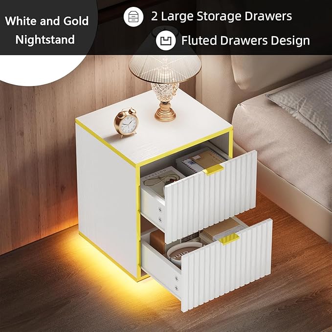White Nightstand, Fluted End Table with LED Lights, Modern Nightstand with Floating Base, Bedside Table with Storage, End Table with Drawers for Bedroom, White and Gold