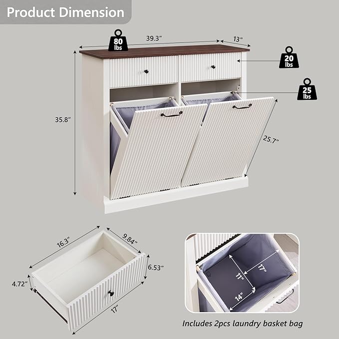 Modern Double Tilt-Out Laundry Hamper Cabinet, 20 Gallon Fluted Trash Can Cabinet w/2 Drawers, Wooden Hidden Garbage Can Cabinets with Laundry Basket, for Bathroom and Kitchen, Antique White