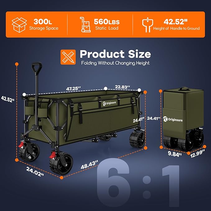 48" L Folding Beach Wagon Cart Foldable, 560lbs Weight Capacity 300L Heavy Duty Collapsible Wagons with Big All-Terrain Wheels, Utility Carts for Groceries, Shopping, Camping, Sports - Green