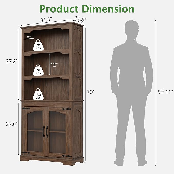 70 Inch Farmhouse Bookcase, Walnut Two-Tone Shelves, 5 Tier Bookshelf with Arched Trim Glass Doors, Living Room Storage Cabinet Unit, 31.5x11.8 Inches (Walnut, Glass Doors Storage)