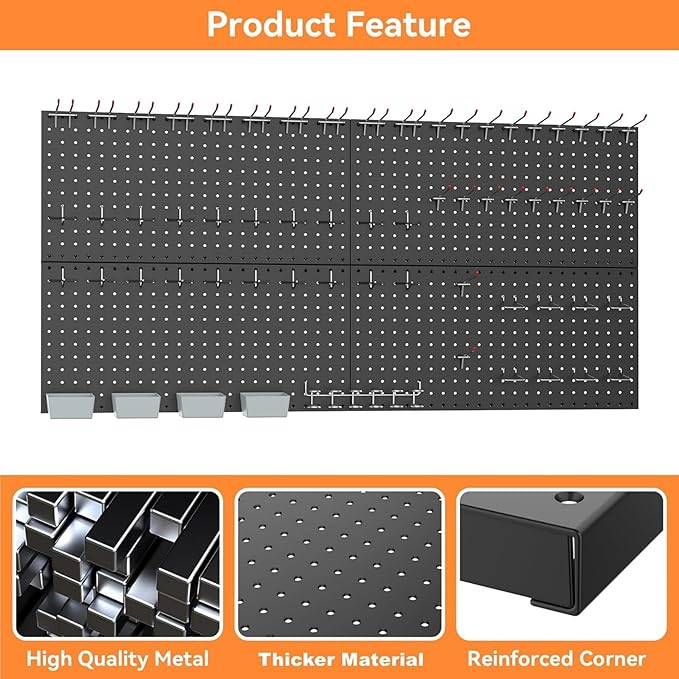 WALMANN Metal Pegboard Panels for Wall Tools Storage Pegboard for Garage, Workbench, Modular Peg Board Tool Organizer Board (Black 12"*24", Pack of 4)