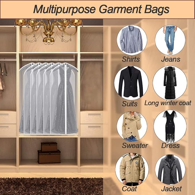 Suit Bags for Closet Storage Garment Bag 24''X40'' Clear Garment Bags for Hanging Clothes (Set of 6) Plastic Waterproof Suit Cover Bag with Zipper for Coats, Jackets, Shirts