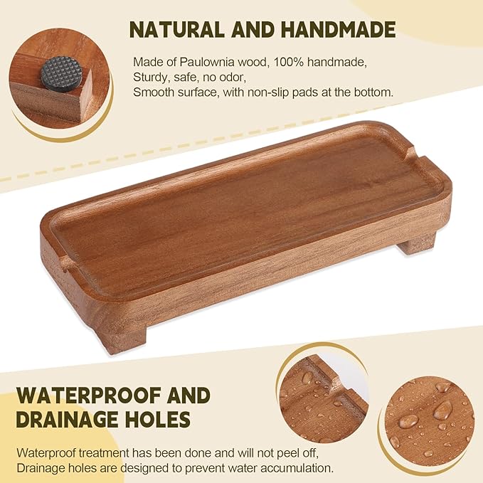 Wood Riser Small Decorative Tray Sink Soap Dish, Vanity Tray Pedestal Stand 8.7 x 3.6 inches (Light Brown)