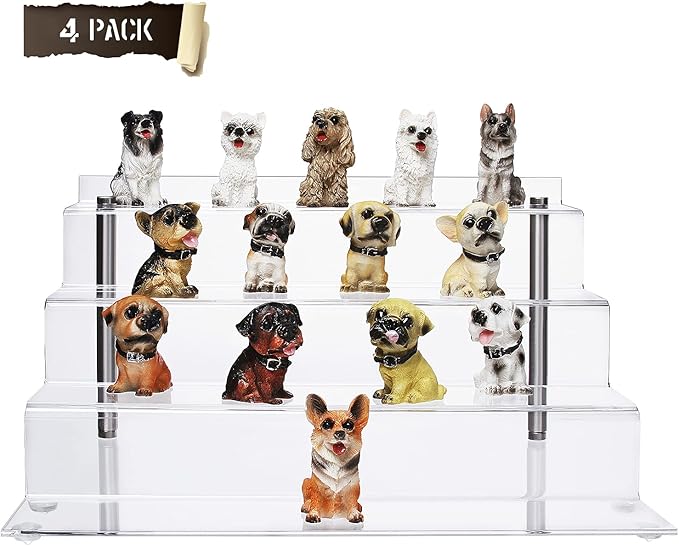 Acrylic Riser Shelf 4 Tier Clear Display Stand for Collectibles Pop Figures, Cupcakes, Perfumes, Display Risers for Decorating & Organizing - 11.8 x 10.8 x 6.5 in (Large, 4 Pack)