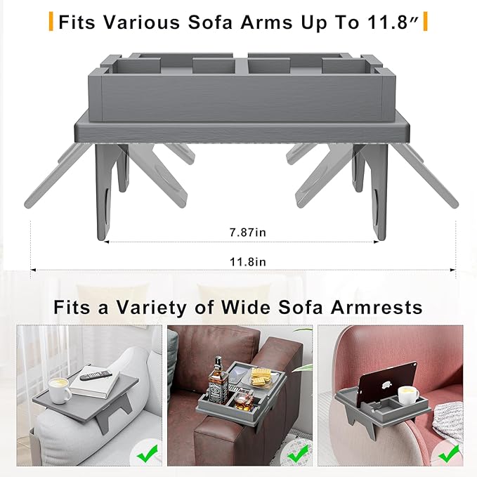 Couch Cup Holder Tray - 2 in 1 Couch Armrest Table with Be Slide-Away Detachable Double Holder - Sofa Armchair Caddy for Drinking Snacks iPad TV Remote (Gray)