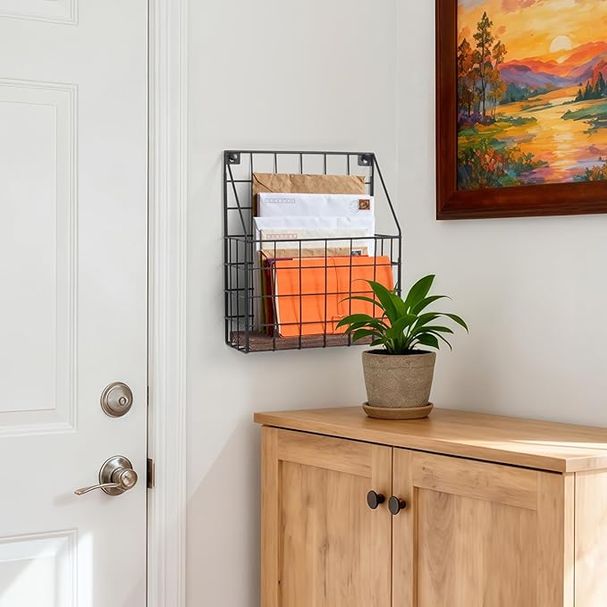 Mail Holder Magazine Basket - 1 Pack Black Wall Mount File Organizer Rack of Wooden Style with Adhesive Mounting - Metal Wire Hanging Sorter for Document Folders Newspaper Clipboard Brochure Display