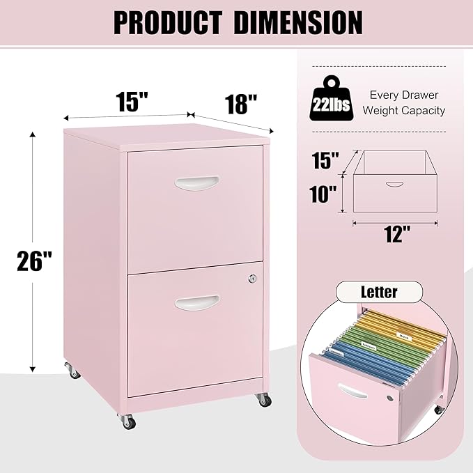 2 Drawer Mobile File Cabinet with Lock, Metal Filing Cabinets with Wheels, Pink Rolling Storage Cabinet, Under Desk Vertical File Cabinet for Home Office, Lockable Steel Two Drawer for Letter Size