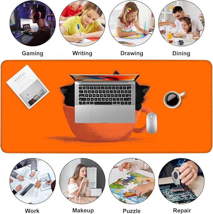 Large Cute Black Cat Mouse Pad, Extended Desk Mat with Non-Slip Base – 35.43 x 15.75 in – Cartoon Kittens in Orange Cup Design, Stitched Edges, Waterproof Gaming Keyboard Pad for Office & Home