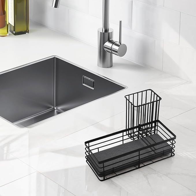 Efficient Sink Caddy with Removable Brush Holder and Water Absorbent Diatomite Stone Tray for Sponges
