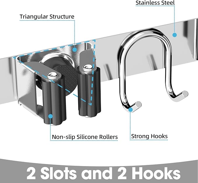 Broom Holder Wall Mount, 2-Pack Stainless Steel Mop and Broom Organizer, Broom Hanger with 2 Slots 2 Hooks for Home Kitchen, Garage, Garden and Laundry Room, Silver