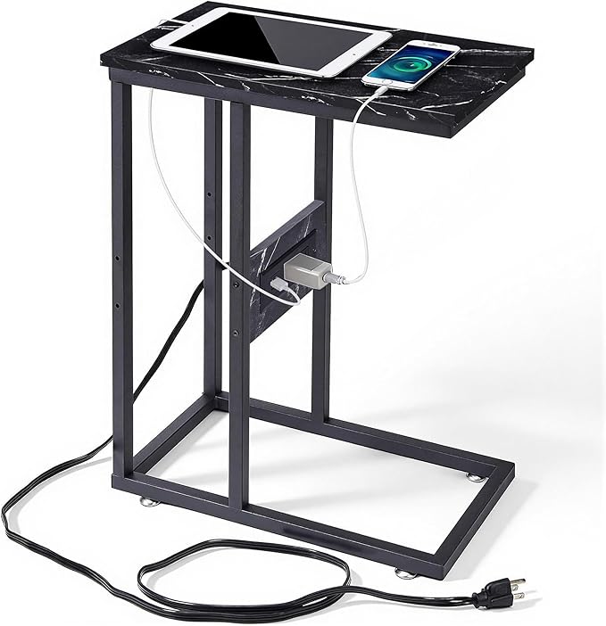 VECELO C Shaped End Side Table with Charging Station & Power Outlets for Couch Sofa/Bed, Snack TV Tray with Metal Frame for Living Room Bedroom 1 PCS, Black Marble