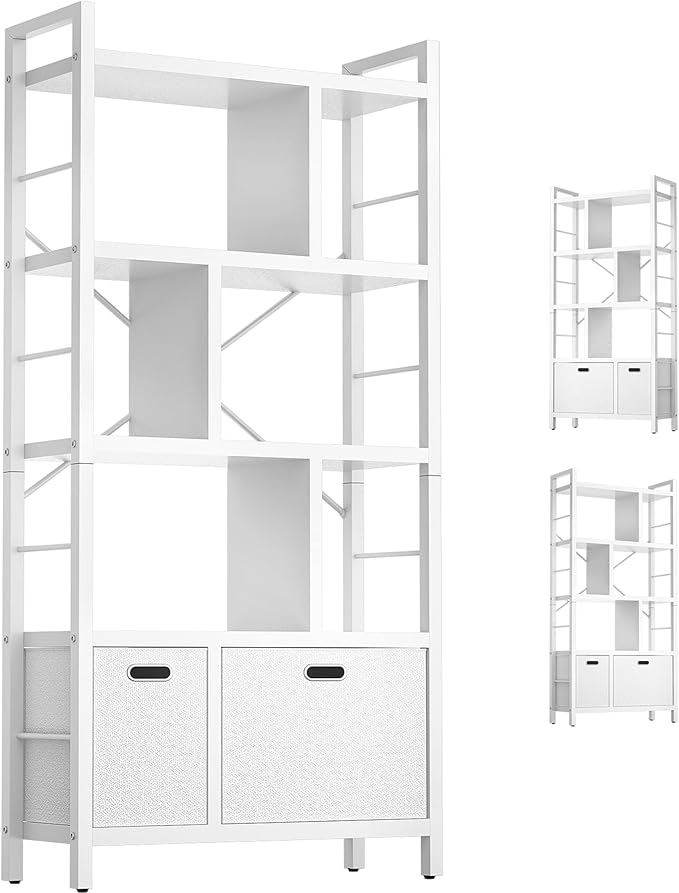 Armocity Bookshelf with Drawers - 5 Tier Tall Bookcase Geometric Modern Book Shelf Display Standing Bookshelves with Storage for Living Room, Bedroom Home Office, White