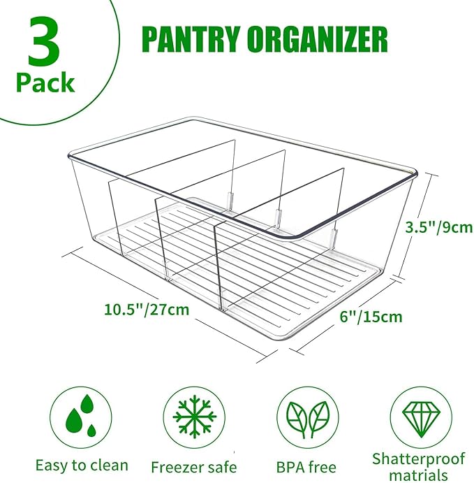 Pantry Organizers and Storage,Kitchen Organizers and Storage for Fridge,Drawer and Refrigerator - Spice Organization for Cabinet,Clear Plastic Stackable Storage Organizer Bins with 3 Dividers (3 Pcs)
