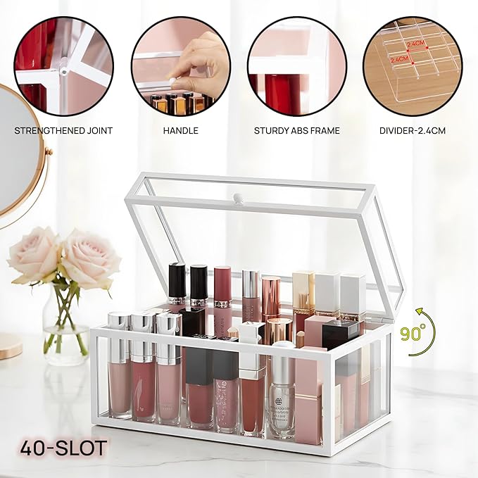 40 Lipsticks Organizer with Lid, Glass Display Box Fits Large Perfume & Skincare, Easy-Access Organiser for Vanity Countertop, Multifunctional Display Box in Any Rooms