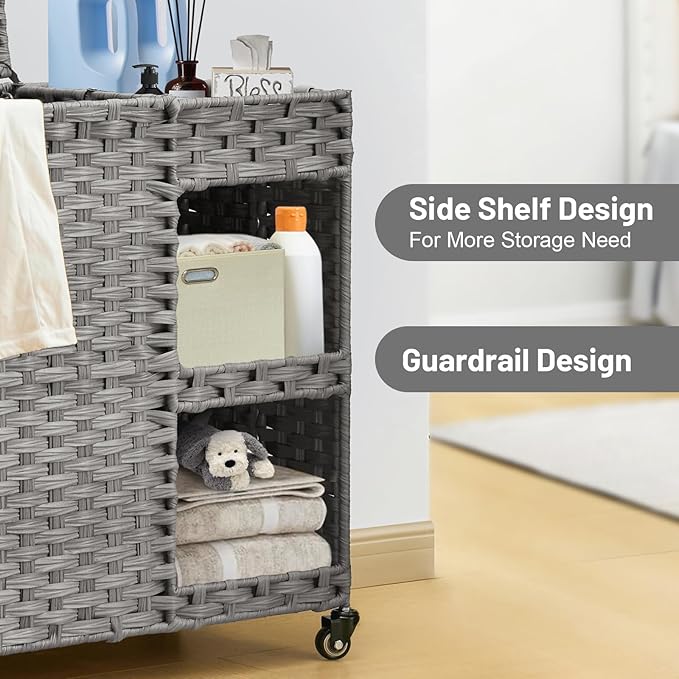Laundry Hamper with Wheels, 42.3 Gal.(160 L) Laundry Sorter with Shelves, Rattan Clothes Hamper with 4 Removable Liners & 3 Mesh Bags, Handwoven Organizer for bedroom, bathroom, laundry room, Grey