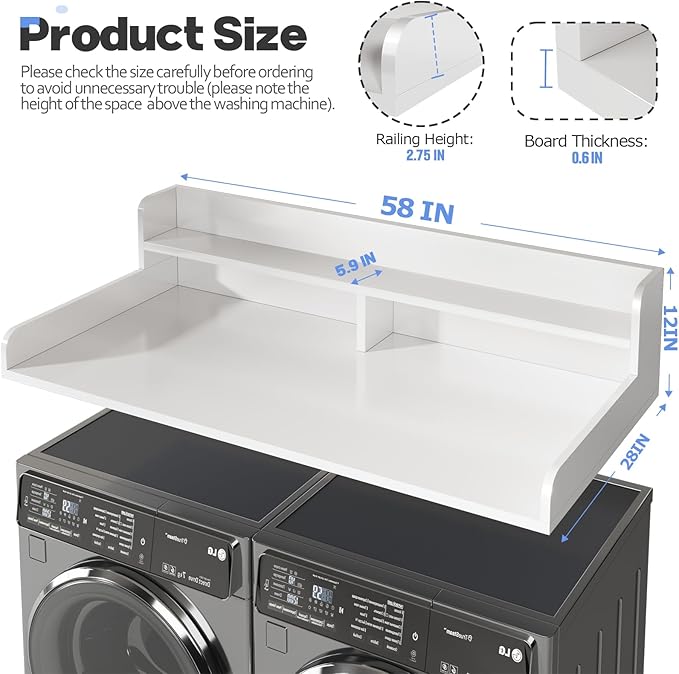 2-Tier Washer and Dryer Countertop with 2.75" H Guard,58" W x 28" D Laundry Countertop Cover with Non-Slip Pad,Large Space Laundry Topper for Folding Clothes Over Washer and Dryer-White
