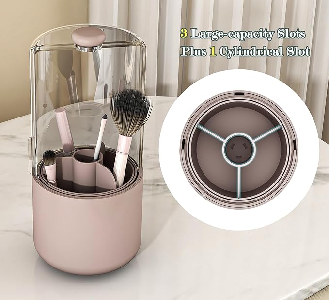 Makeup Brush Holder with Dustproof Cover, Clear 360 Rotating Make Up Brushes Organizer for Counter Vanity Bathroom, Pink