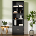 71" Tall Bookshelf with 6 Cubes and 2 Doors, 4-Tier Bookshelf, Open Shelf Bookcase with Cabinet, Modern Cube Storage Organizer for Living Room, and Office, Black